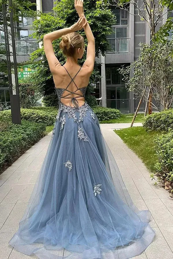 A Line Spaghetti Straps Corset Back Split Long Prom Dress PSK515