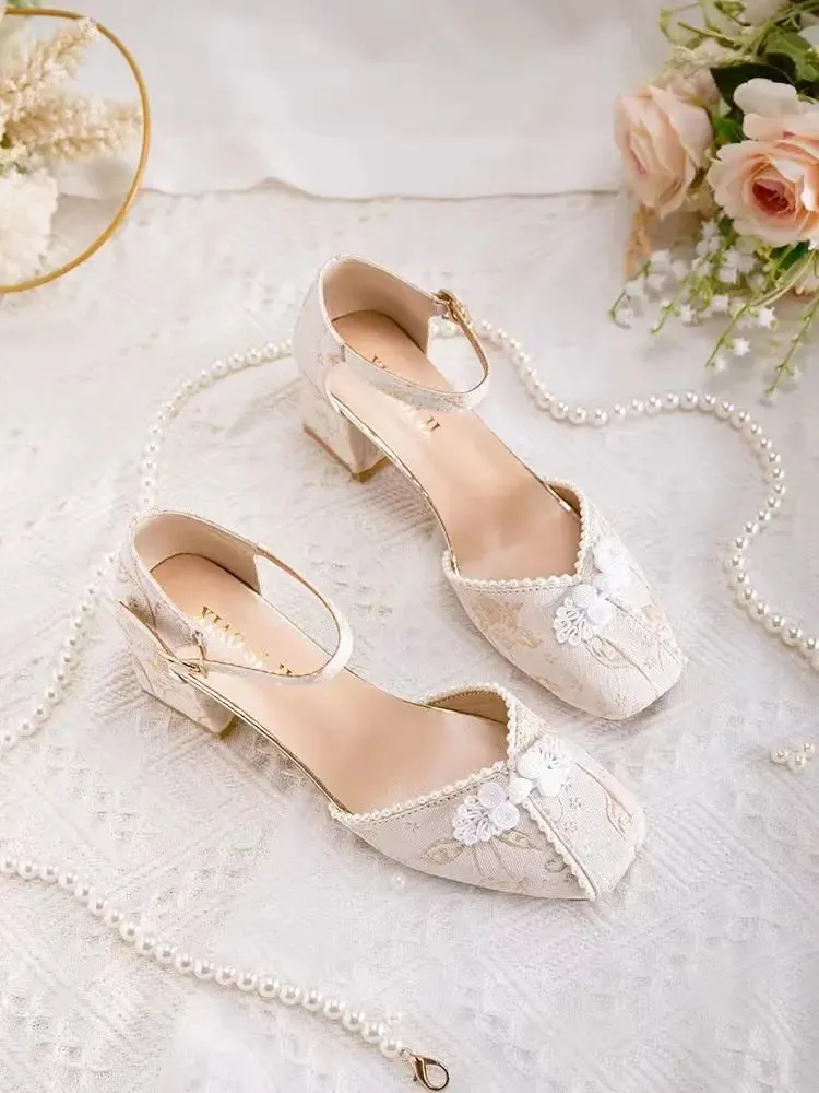 Advbridge -  New Summer Pearl Button French Thick Heel  Chinese Style Mary Jane Single Shoes for Women chic and elegant woman shoes