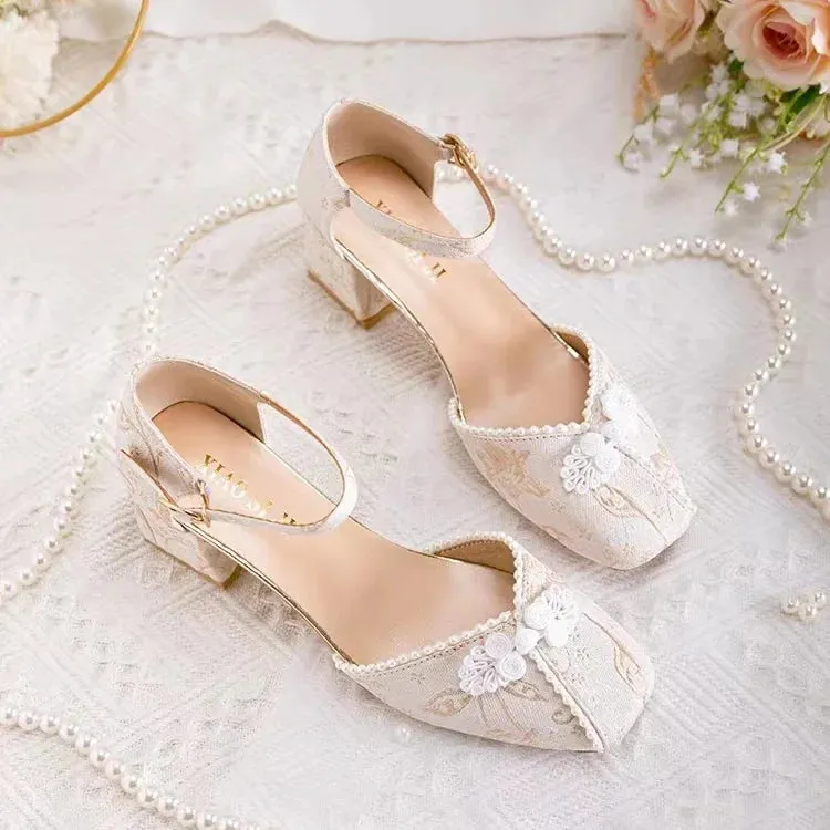 Advbridge -  New Summer Pearl Button French Thick Heel  Chinese Style Mary Jane Single Shoes for Women chic and elegant woman shoes