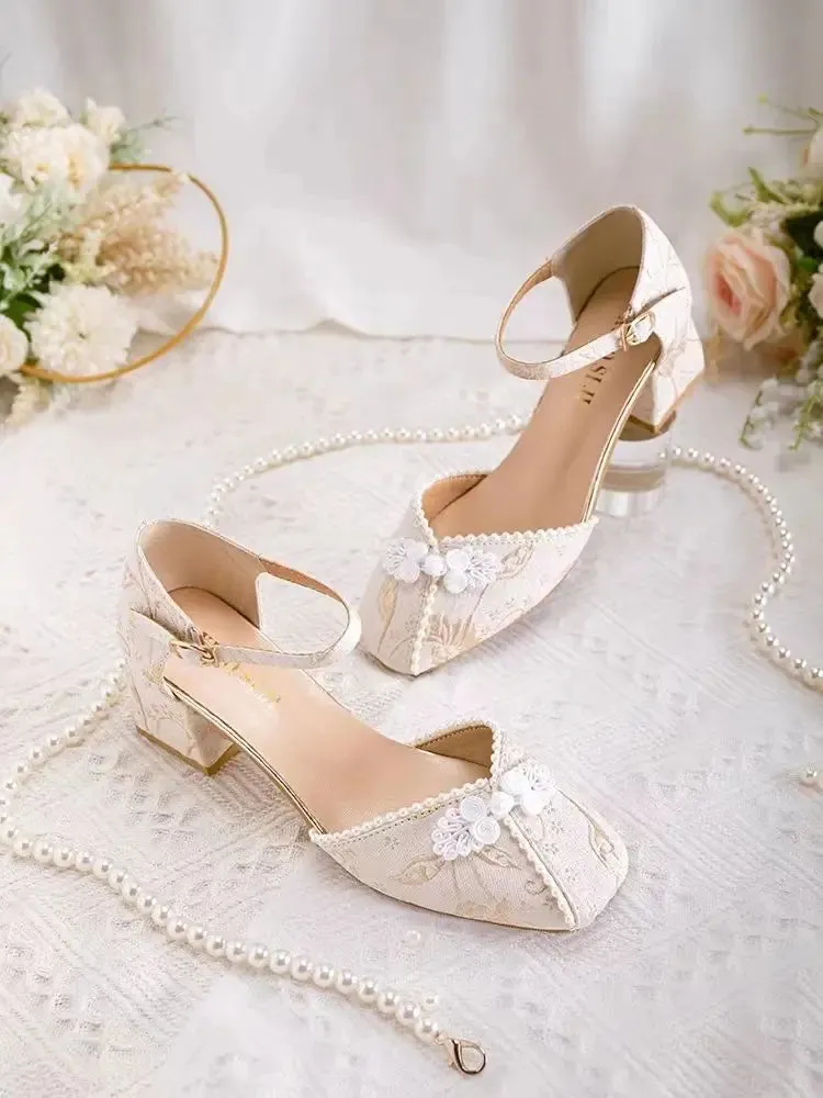 Advbridge -  New Summer Pearl Button French Thick Heel  Chinese Style Mary Jane Single Shoes for Women chic and elegant woman shoes