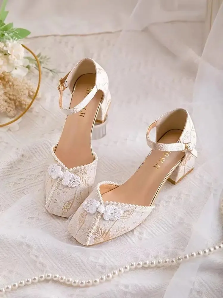 Advbridge -  New Summer Pearl Button French Thick Heel  Chinese Style Mary Jane Single Shoes for Women chic and elegant woman shoes