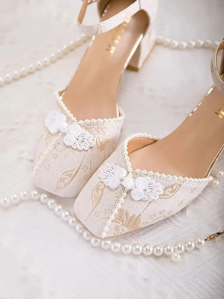 Advbridge -  New Summer Pearl Button French Thick Heel  Chinese Style Mary Jane Single Shoes for Women chic and elegant woman shoes