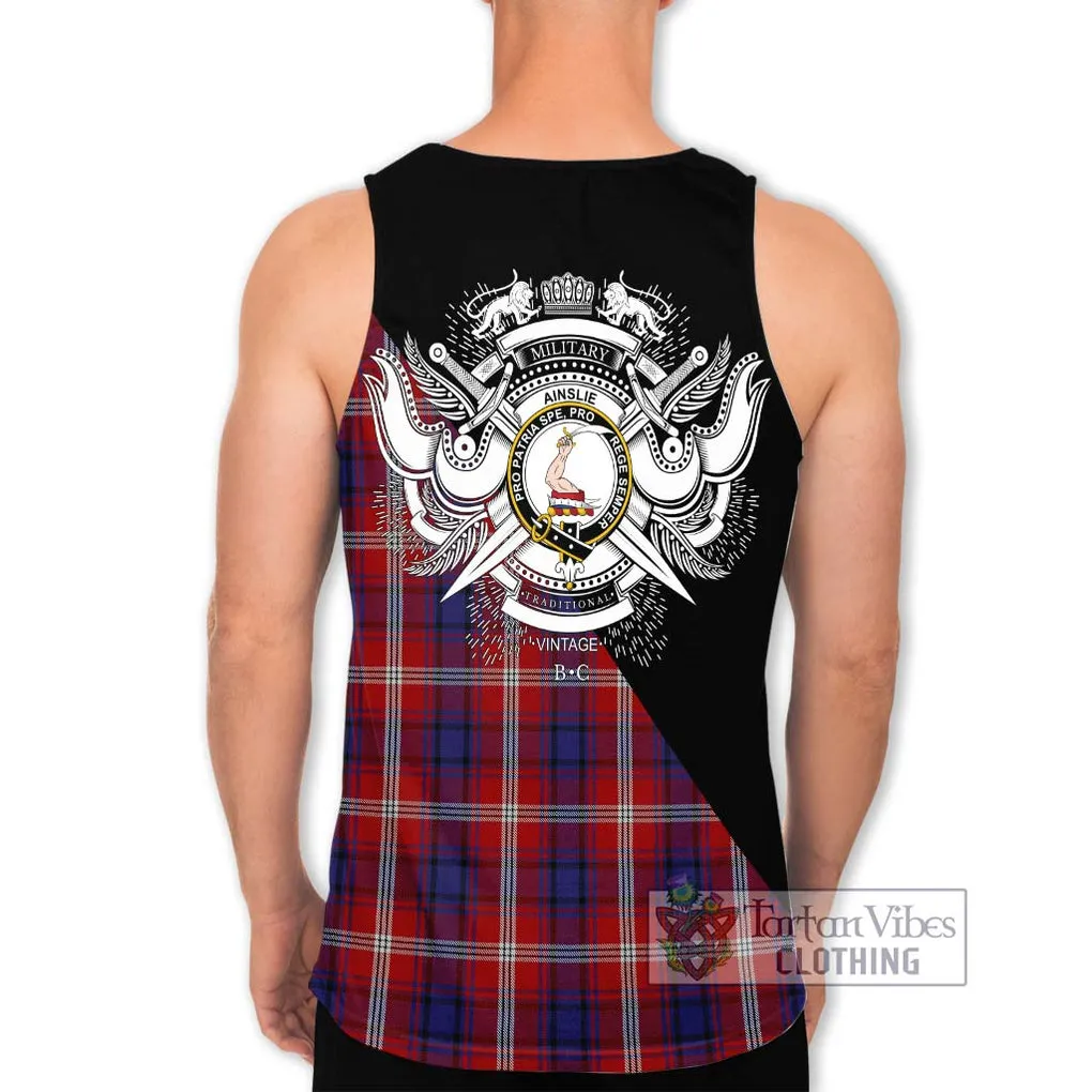 Ainslie Tartan Men's Tank Top with Family Crest and Military Logo Style