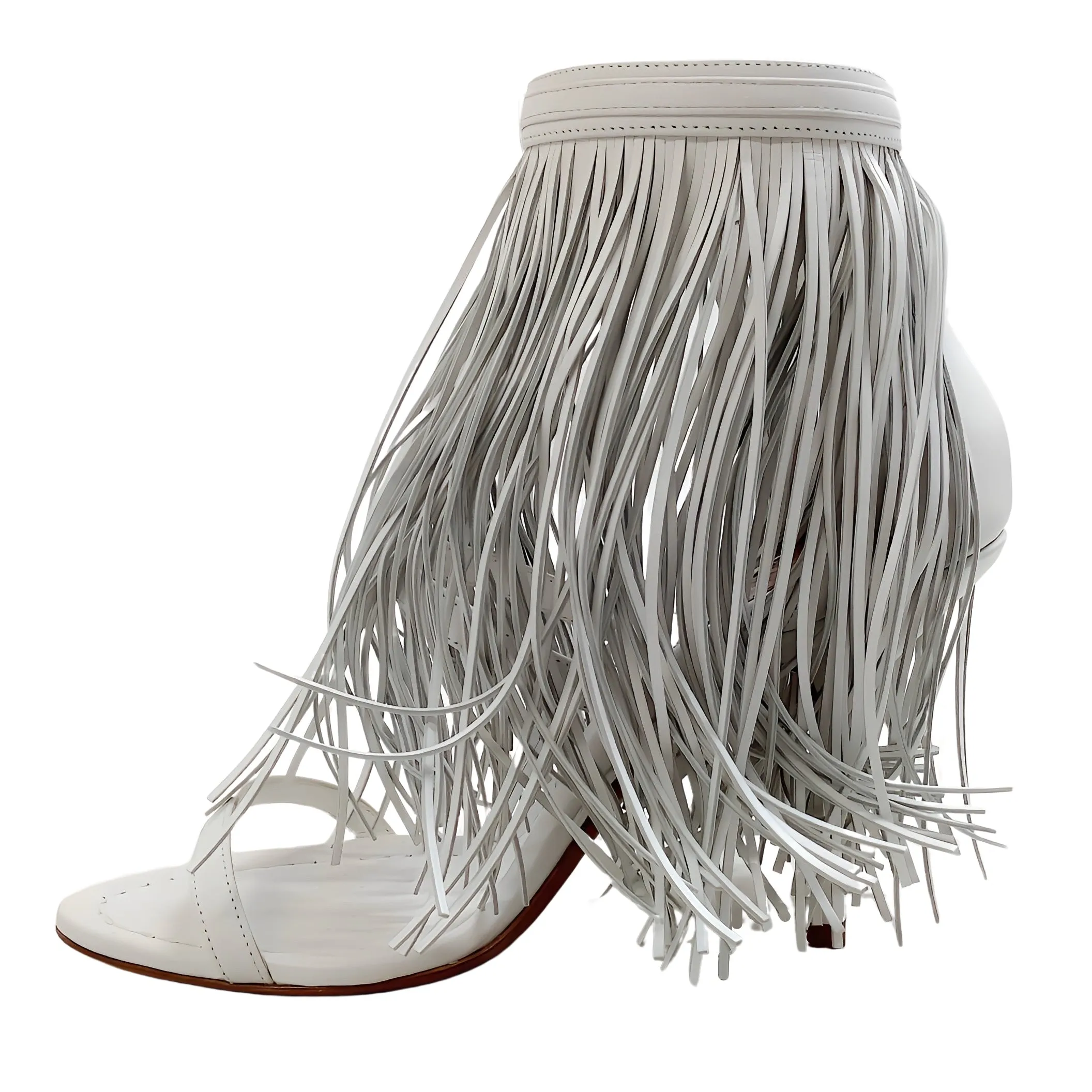 Alaia White Leather Maxi Fringe Sandals with Ankle Strap