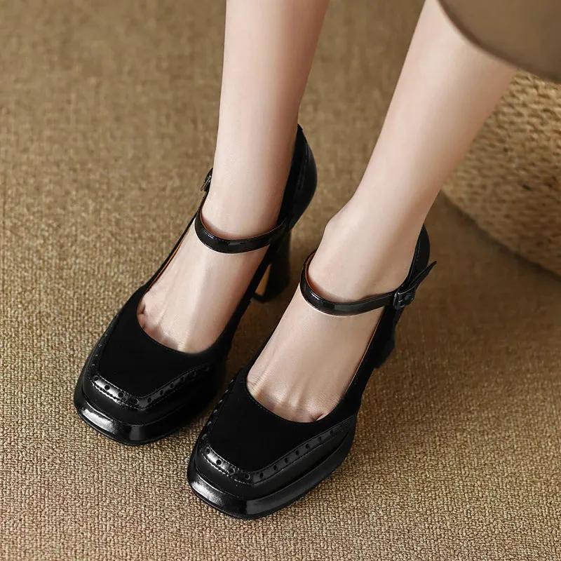 Amozae-Elegant France High Heels Pumps Women 2023 Summer Square Toe Platform Mary Jeans Shoes Woman Thick Heeled Party Shoes Ladies