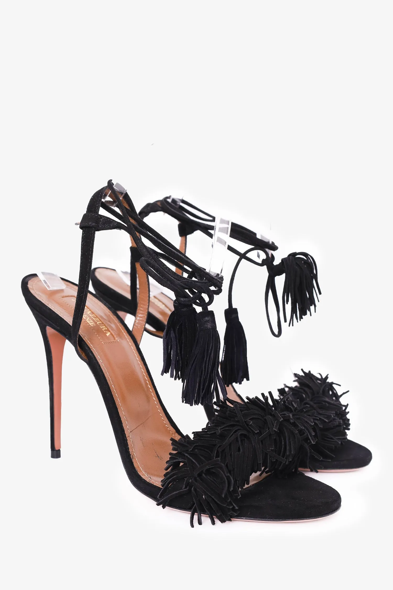 Aquazurra Black Suede 'Wild Thing' Fringed Sandals Size 40