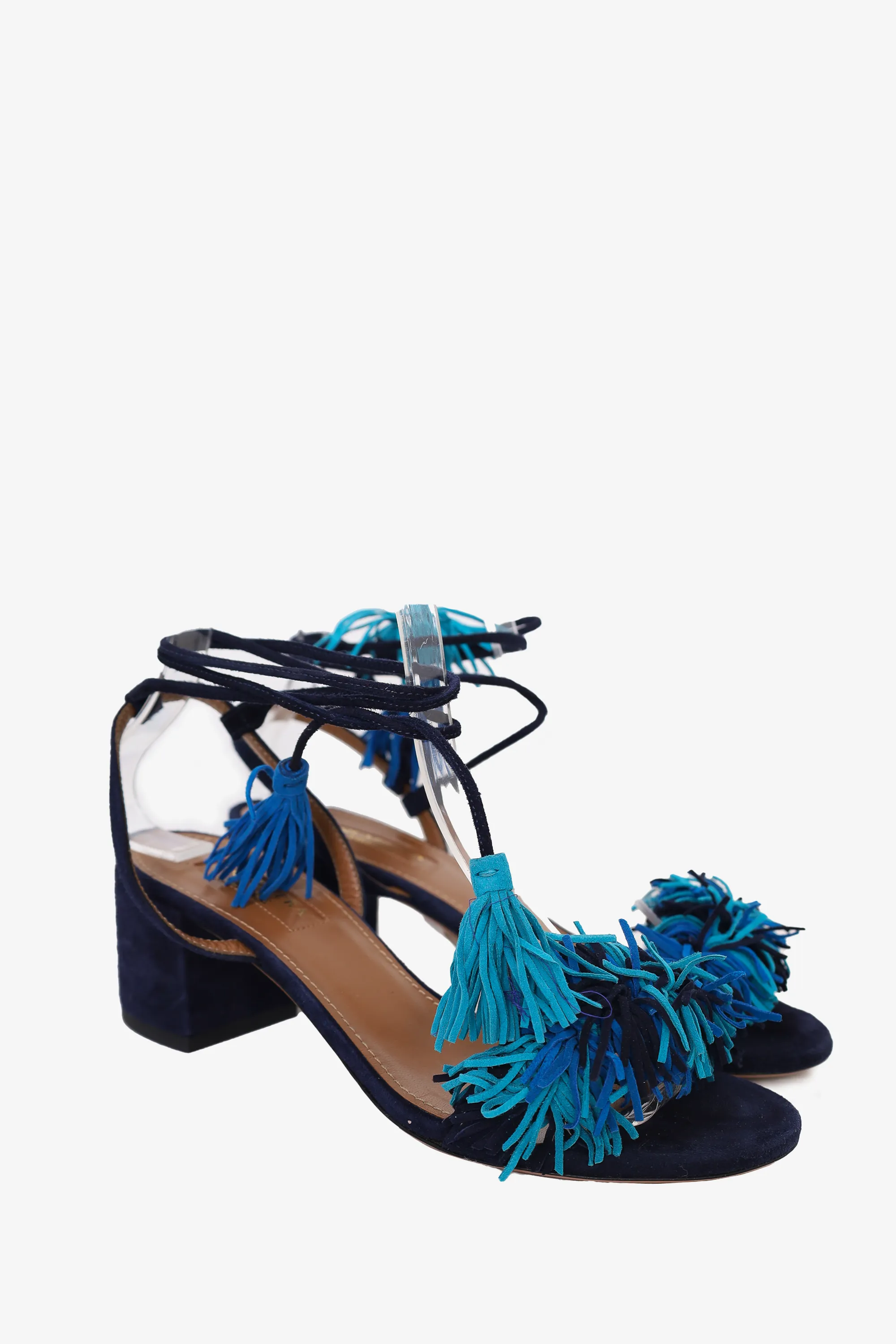 Aquazurra Navy Suede Wild Thing Fringed Sandals Size 35