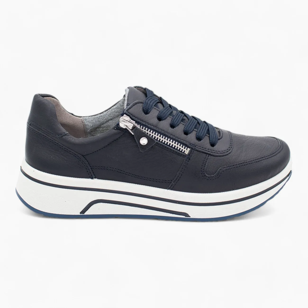 Ara Navy Leather Wide Fit Trainer Shoes for Women, Wedge Sole