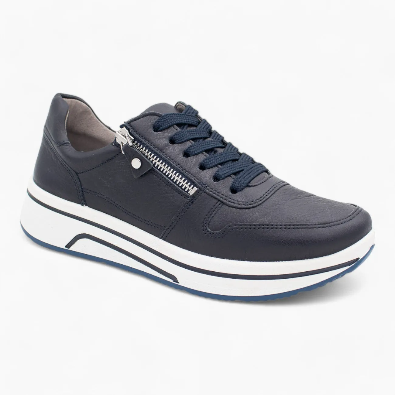 Ara Navy Leather Wide Fit Trainer Shoes for Women, Wedge Sole