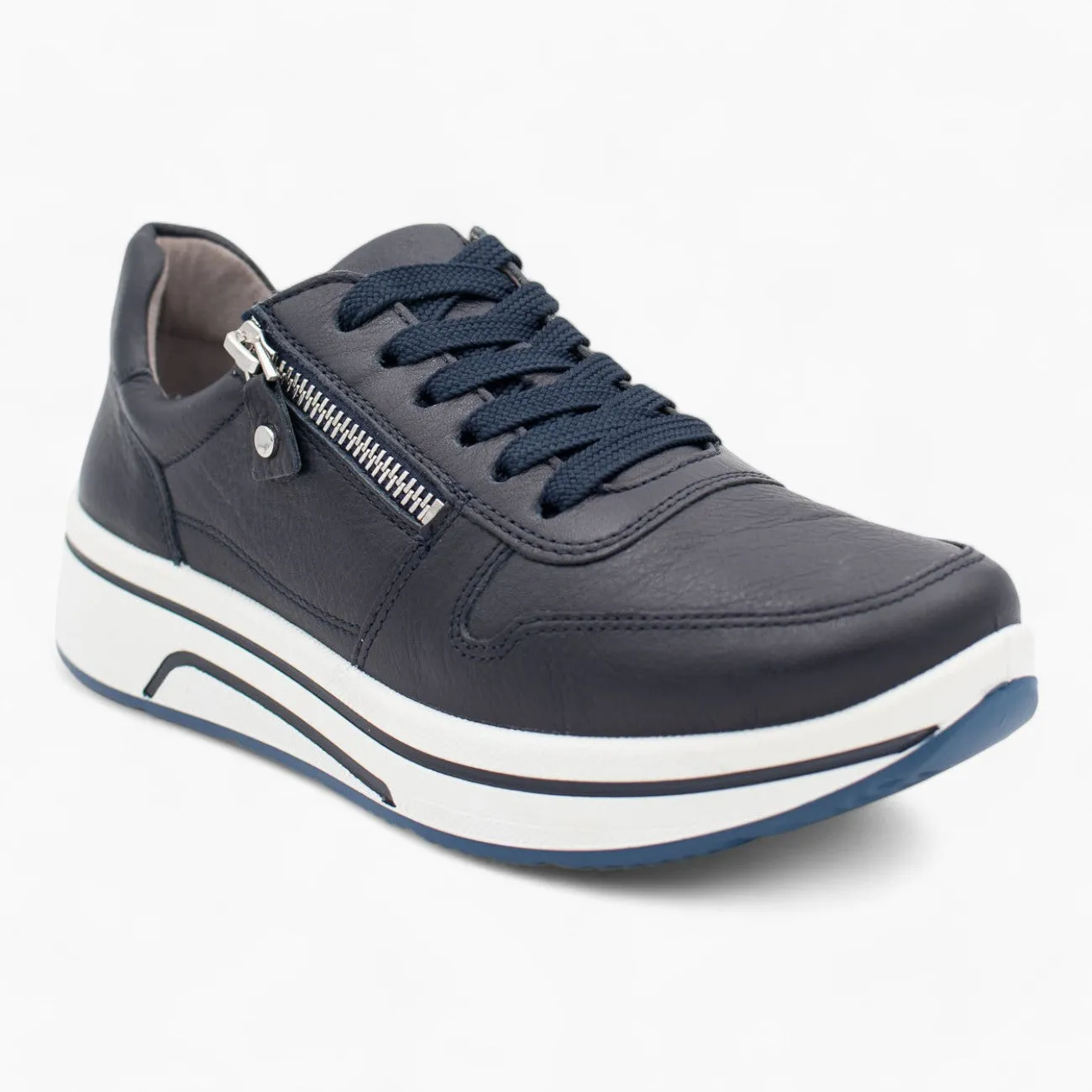 Ara Navy Leather Wide Fit Trainer Shoes for Women, Wedge Sole