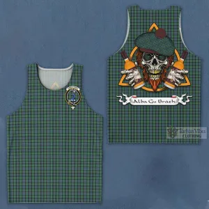 Arbuthnot Tartan Men's Tank Top with Family Crest and Bearded Skull Holding Bottles of Whiskey