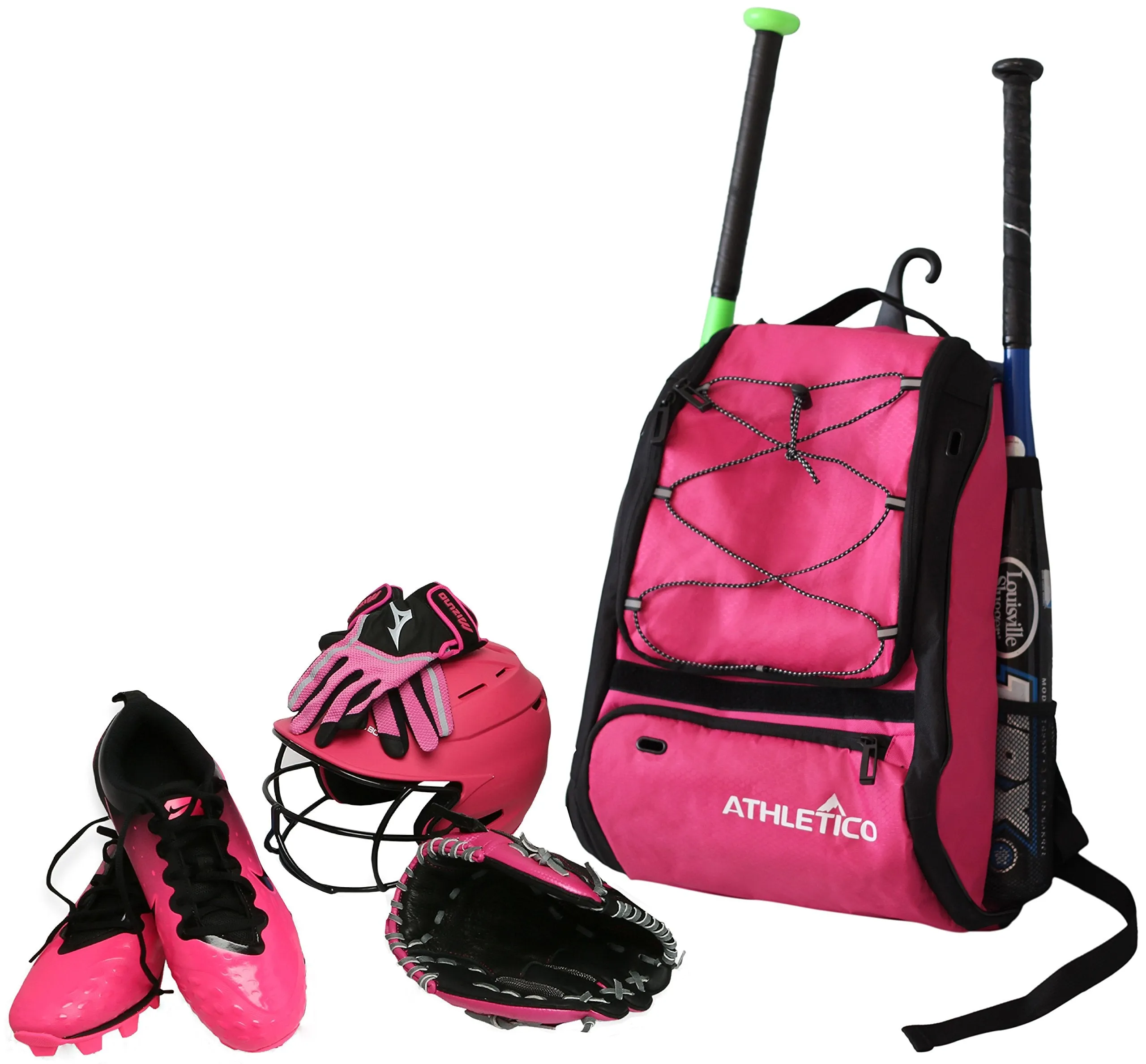 Athletico Baseball Bat Bag - Backpack for Baseball, T-Ball & Softball Equipment & Gear for Youth and Adults | Holds Bat, Helmet, Glove, Shoes | Shoe Compartment & Fence Hook (Magenta)