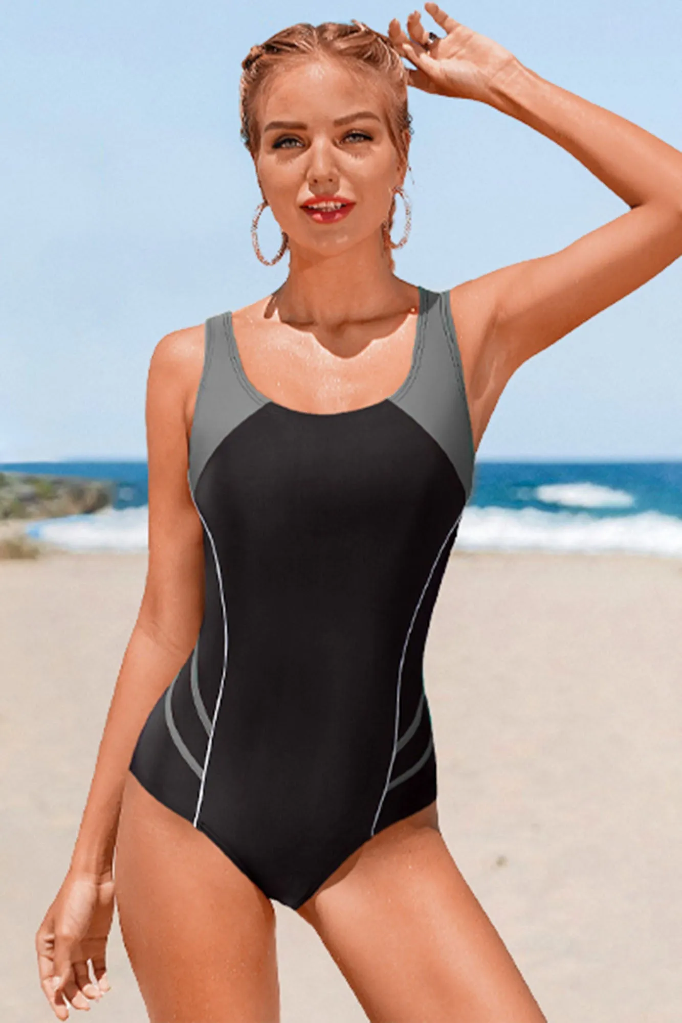 Attraco Grey Women's Colorblock Slimming One Piece Swimsuit