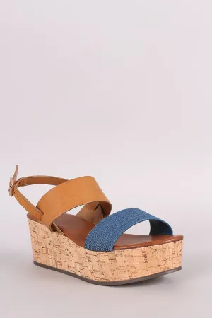 Bamboo Color Block Open Toe Cork Platform Wedge