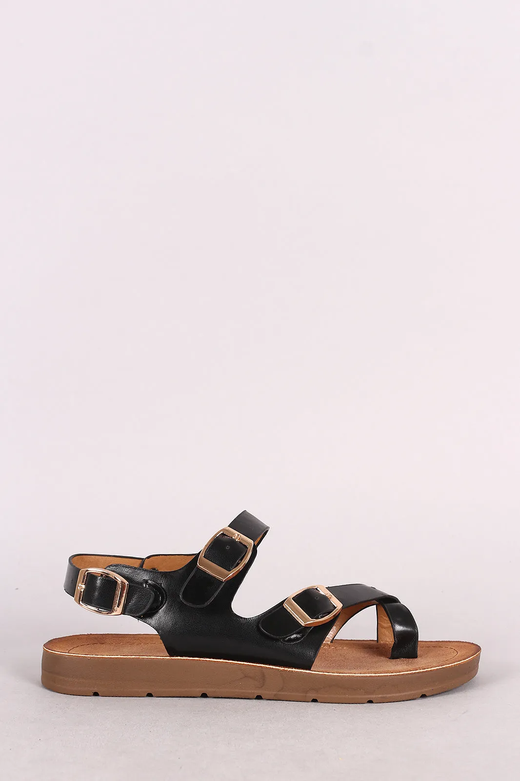 Bamboo Leather Asymmetrical Buckled Toe Ring Flat Sandal