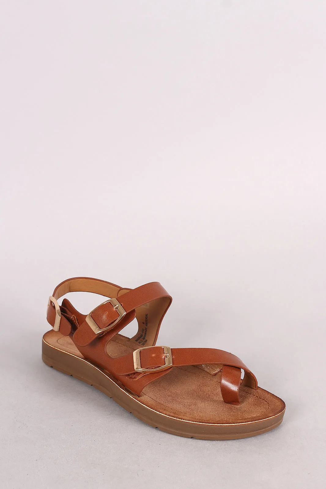 Bamboo Leather Asymmetrical Buckled Toe Ring Flat Sandal