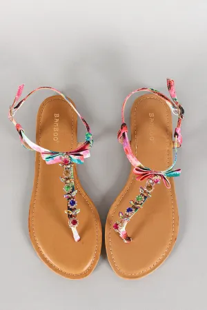 Bamboo Watercolor Jeweled Bow T-Strap Flat Sandal