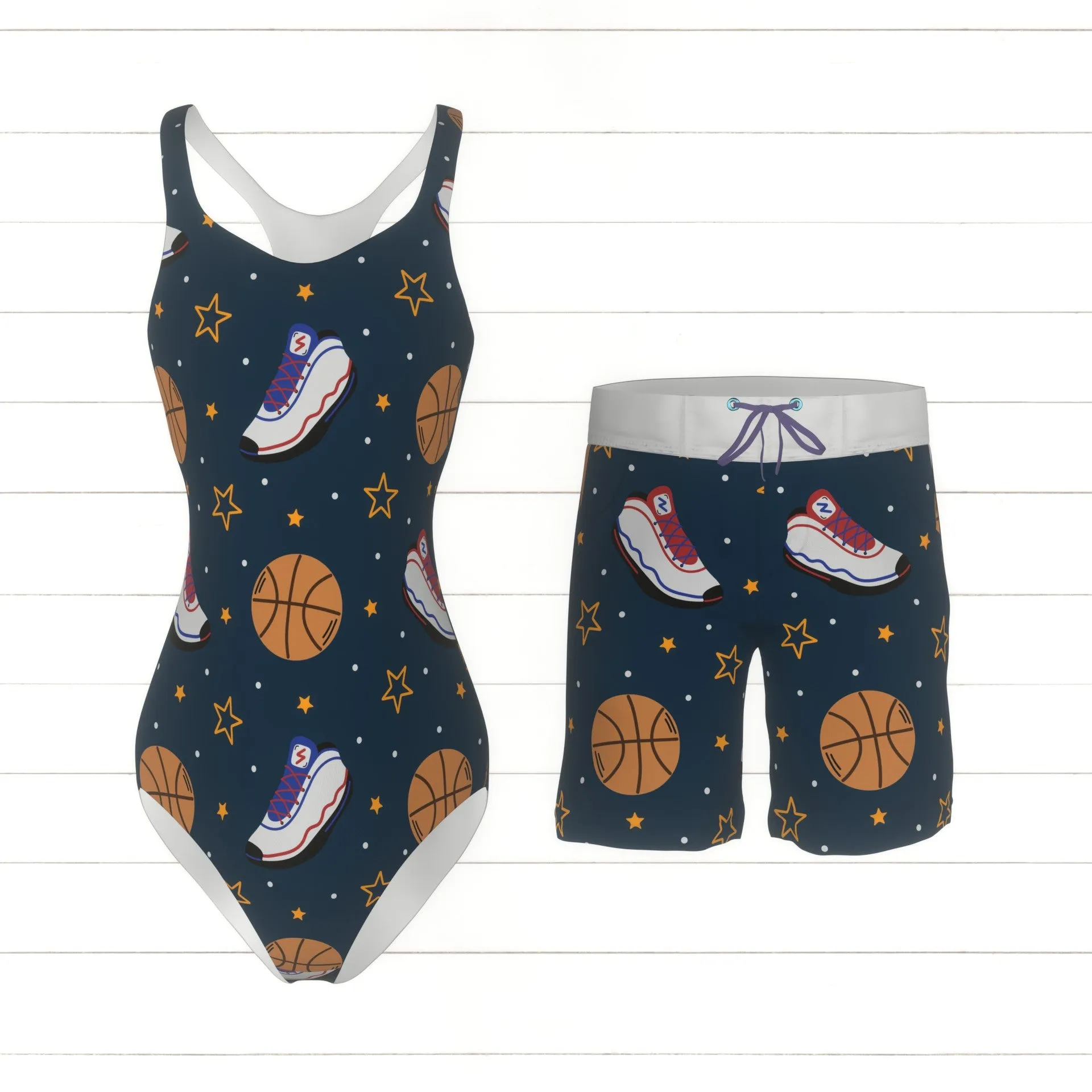 Basketball Shoes and Balls on Navy Blue