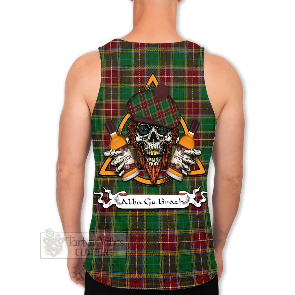 Baxter Tartan Men's Tank Top with Family Crest and Bearded Skull Holding Bottles of Whiskey