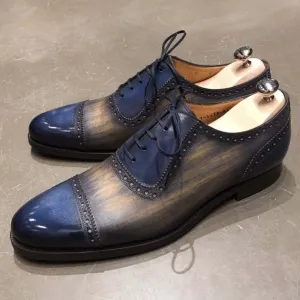 Bespoke Blue & Brown Leather Cap Toe Lace Up Shoe for Men