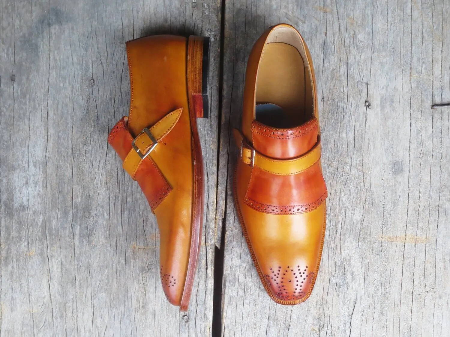 Bespoke Tan Brown Leather Monk Strap Shoes for Men's