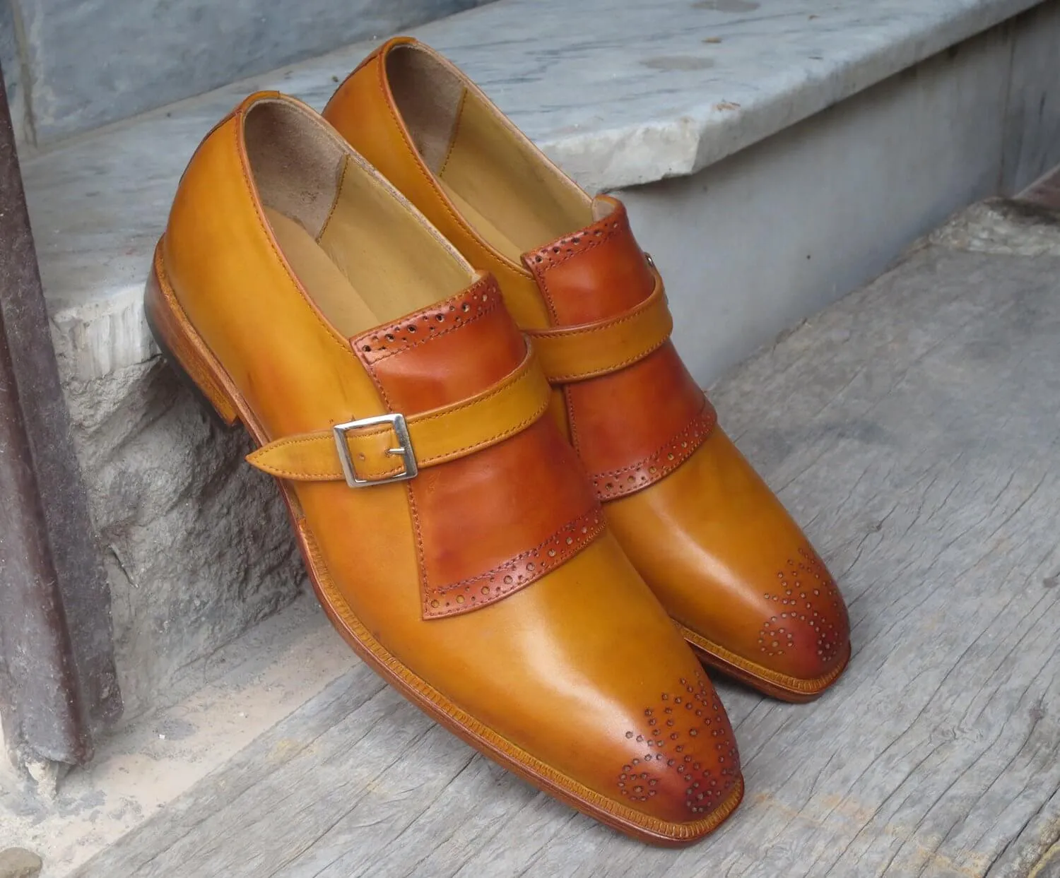 Bespoke Tan Brown Leather Monk Strap Shoes for Men's