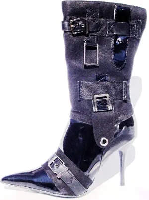 Black patent leather heeled mid-knee-high boots