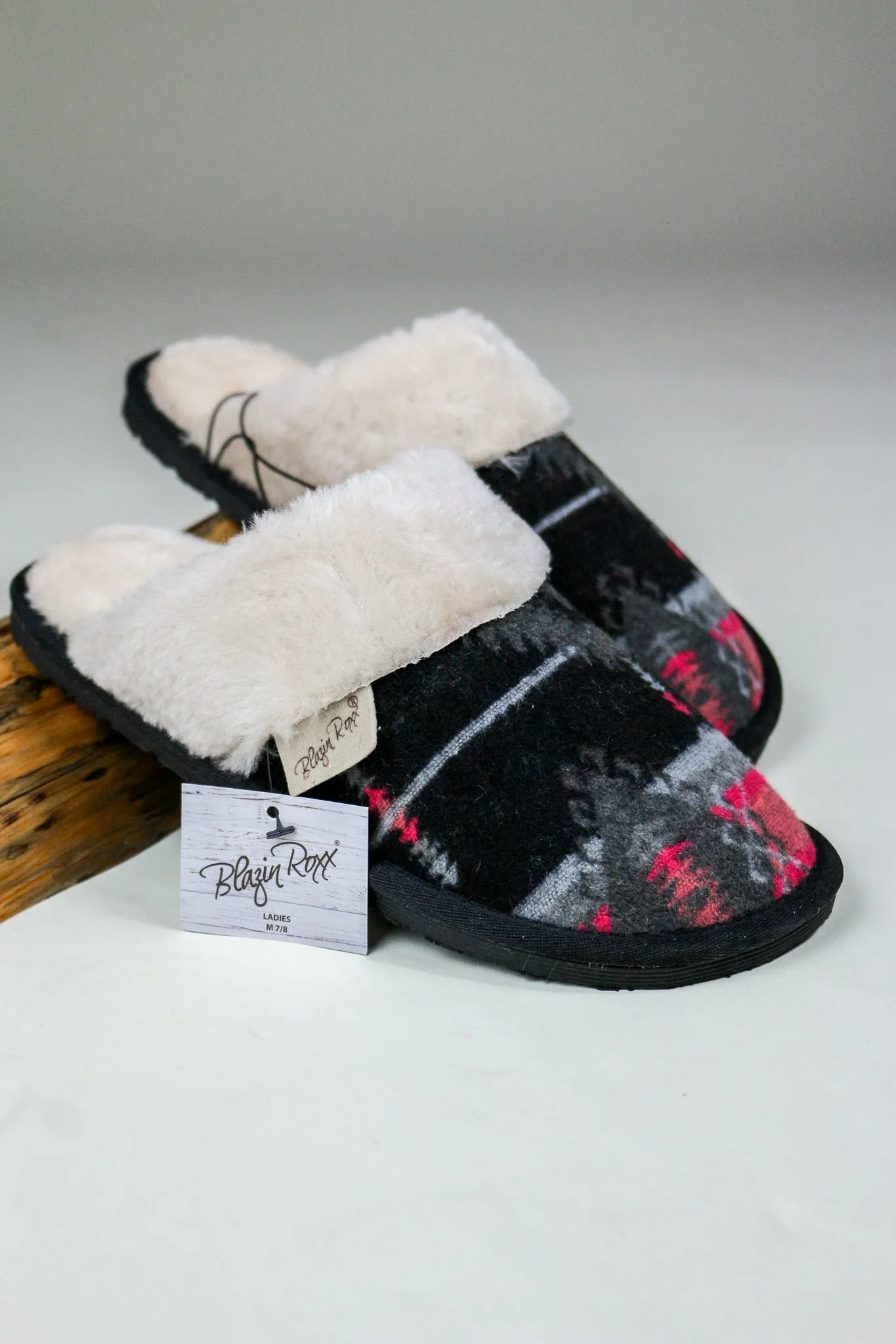 Blazin Roxx Black & Pink Faux Fur Collar Western Women's Slippers