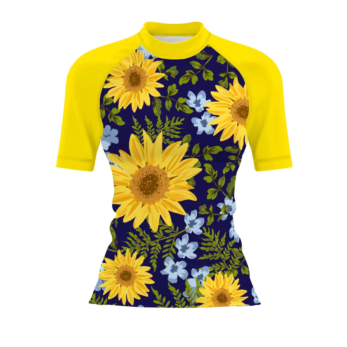 Blue Sunflower V1 - Women's Surf UPF50  Short Sleeve Rash Guard