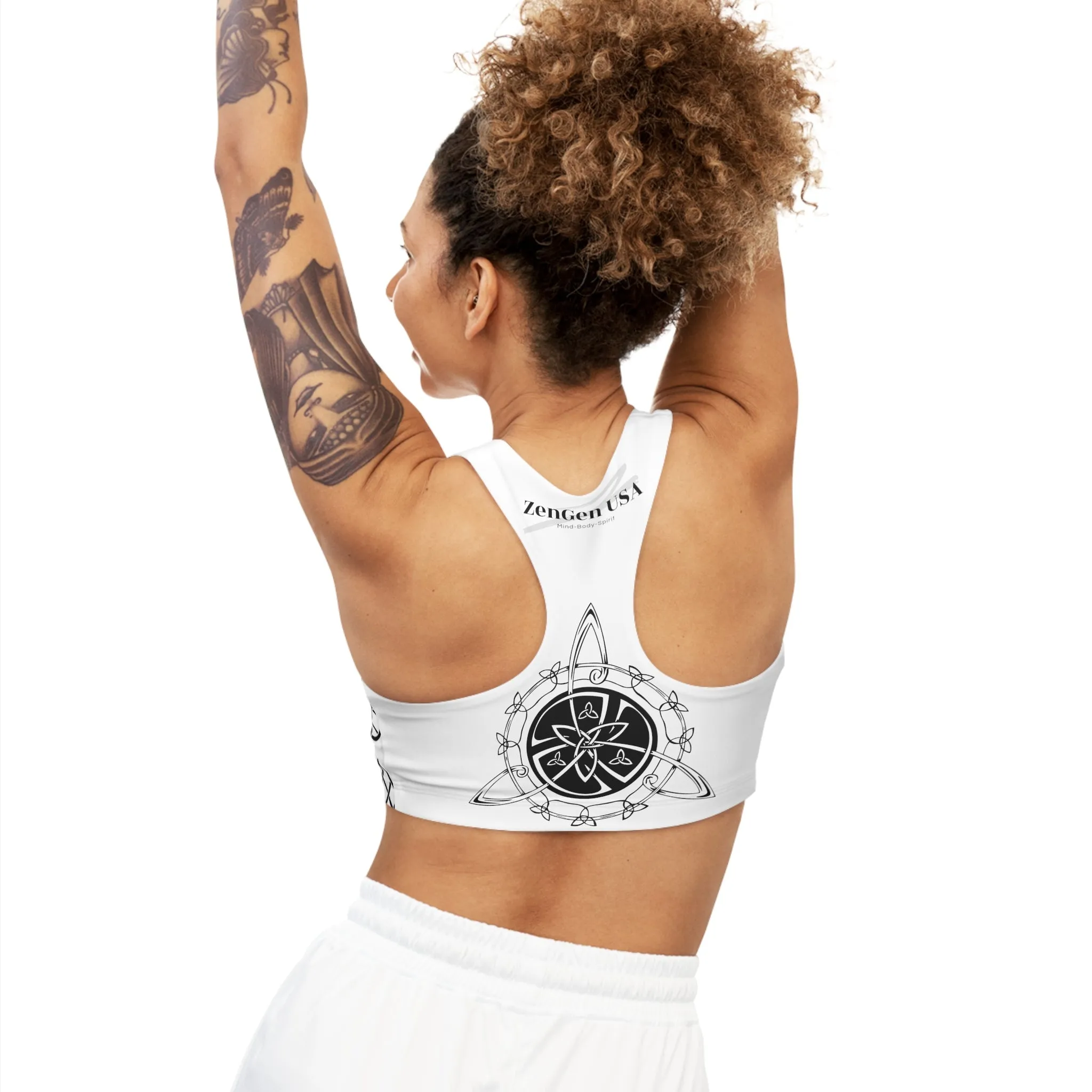 Celtic Tribal Tattoo - White Sports Bra - ZenGen USA ROCK SOLID