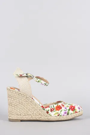 City Classified Floral Ankle Strap Espadrille Platform Wedge