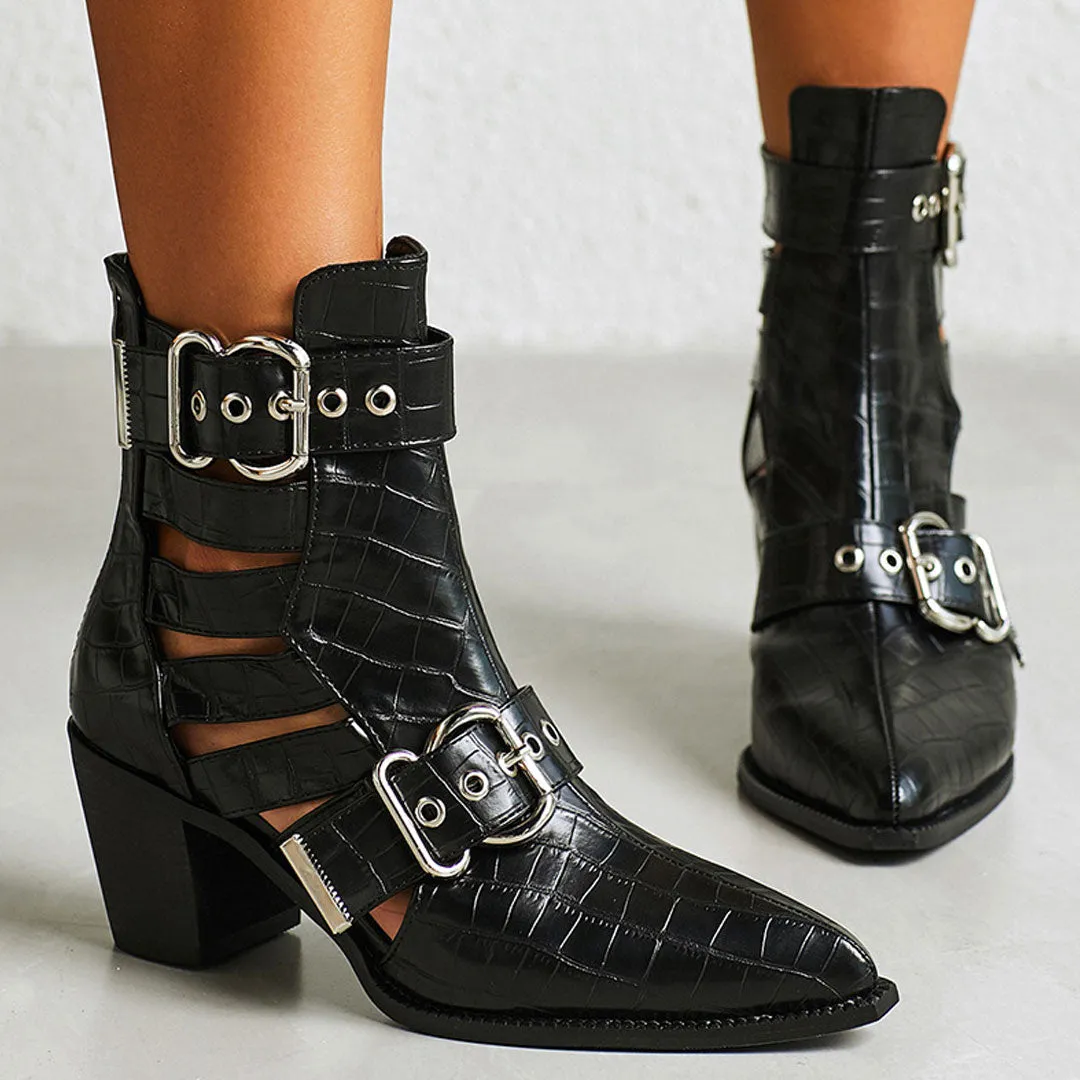 Crocodile Embossed Cutout Trim Buckle Block Heel Ankle Boots - Black