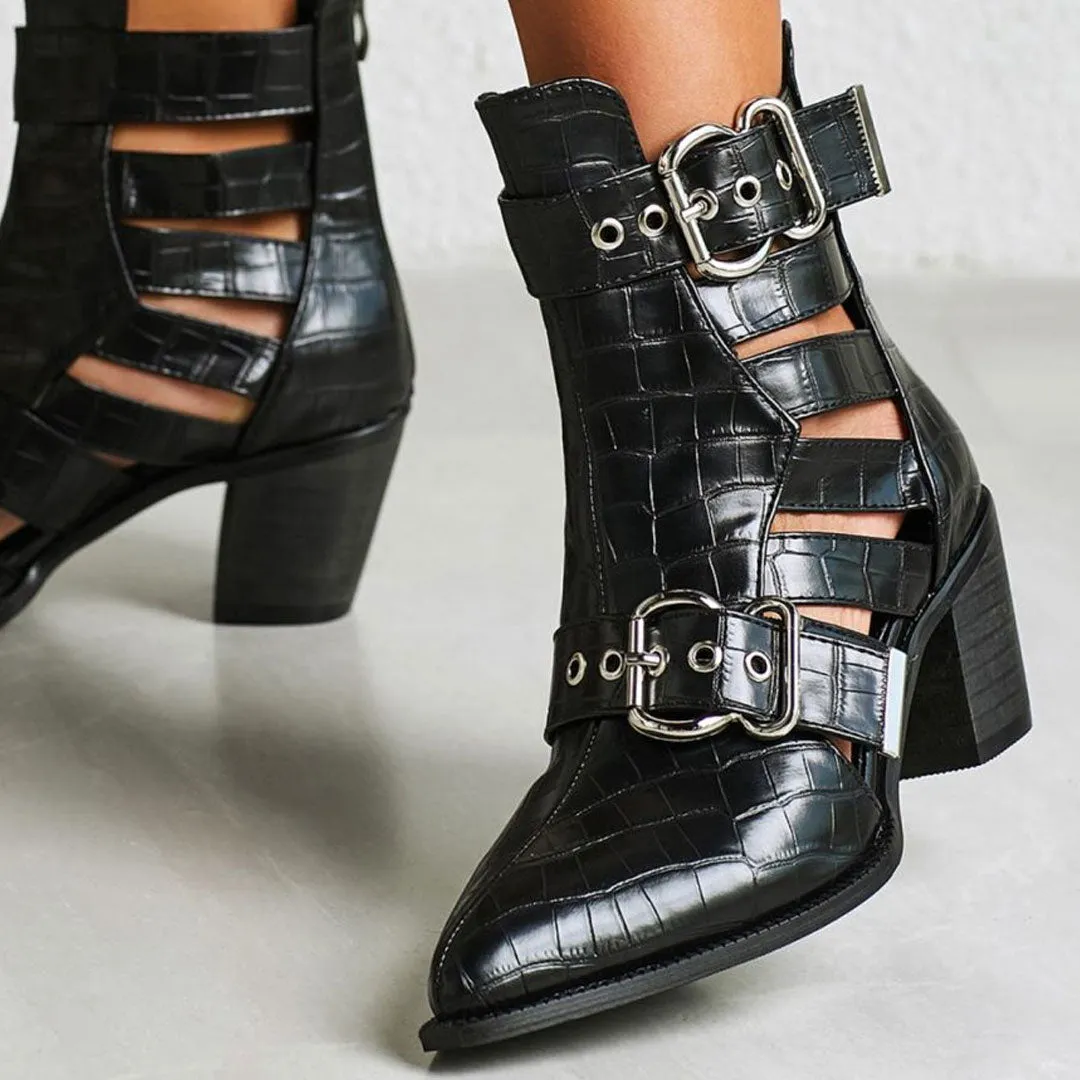 Crocodile Embossed Cutout Trim Buckle Block Heel Ankle Boots - Black