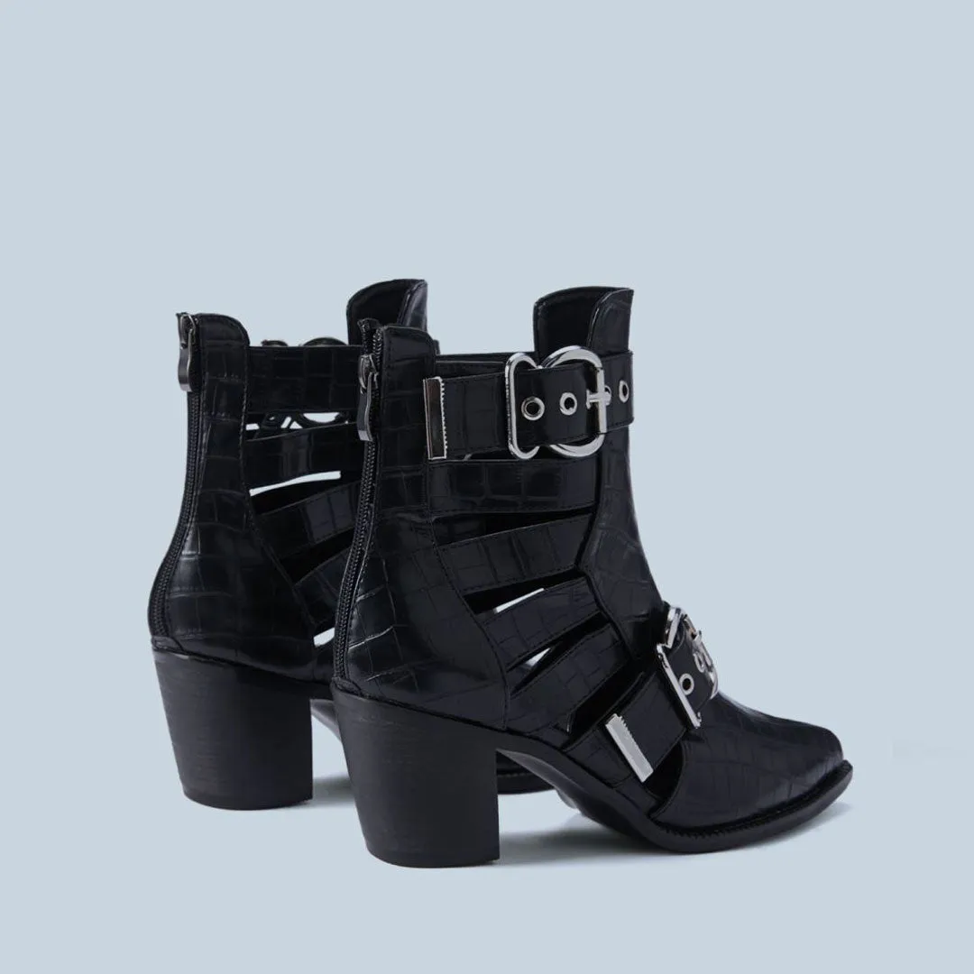 Crocodile Embossed Cutout Trim Buckle Block Heel Ankle Boots - Black