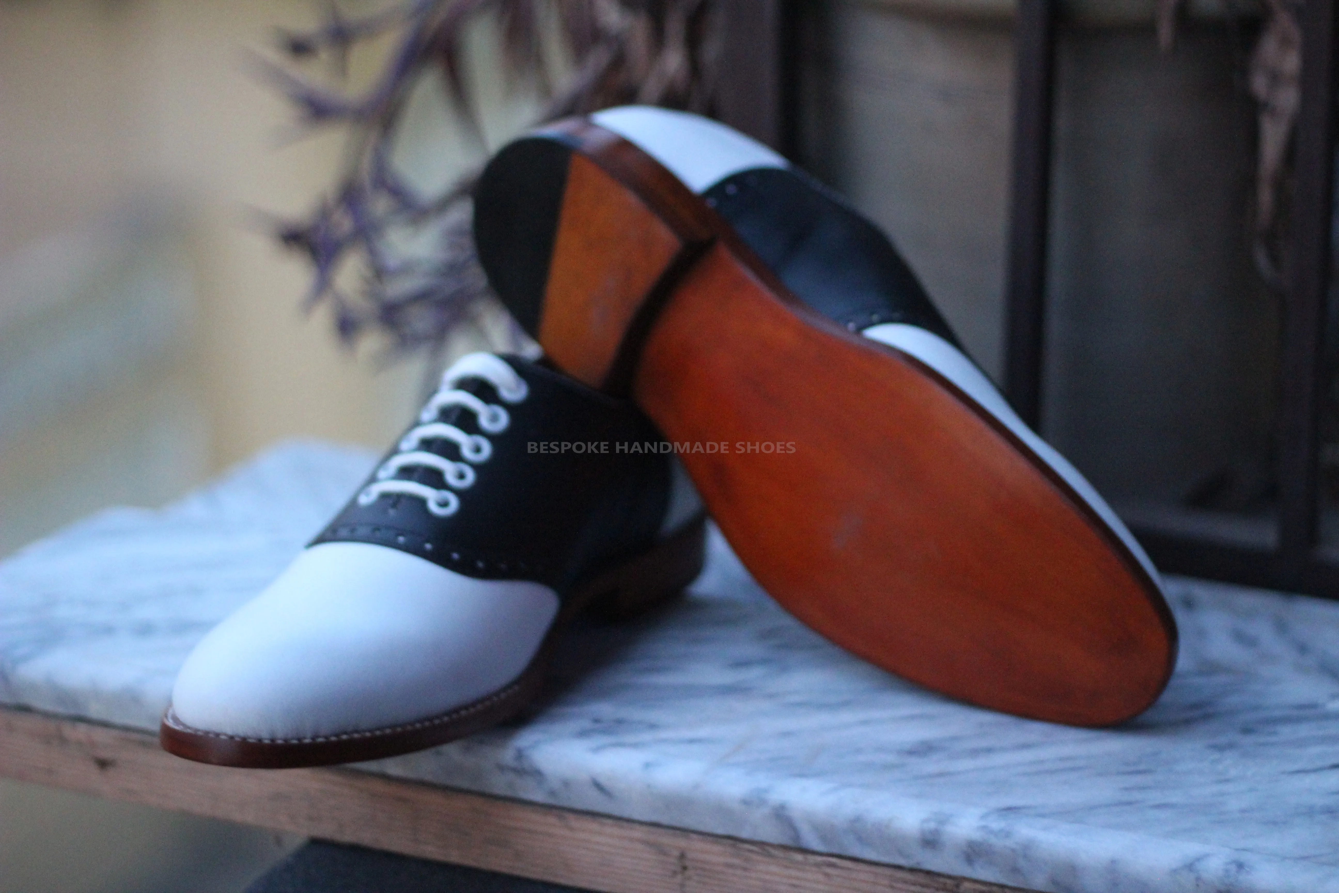 Custom made Men's Black, White Leather Oxford Dress Lace up Handmade men Shoes