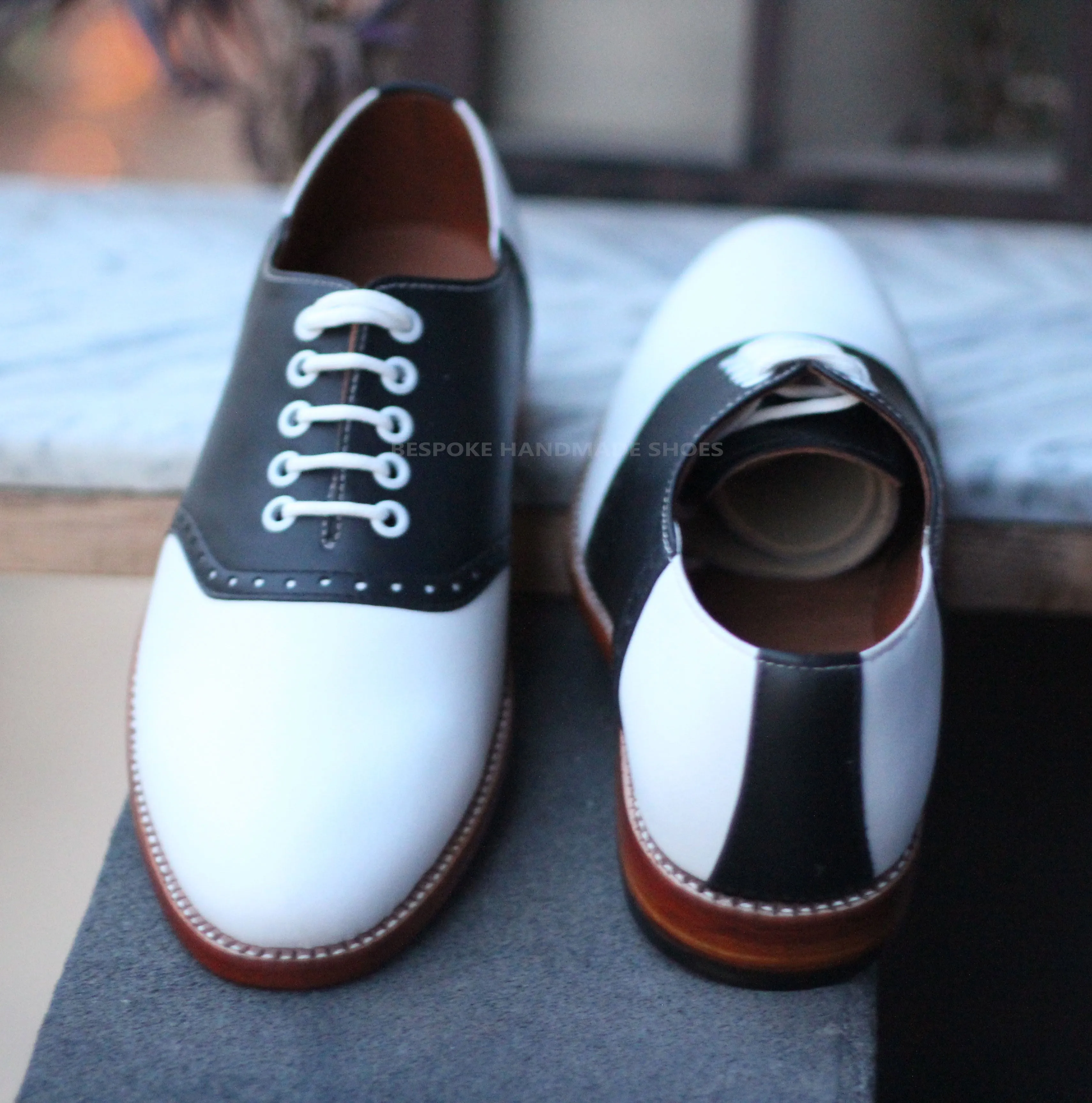 Custom made Men's Black, White Leather Oxford Dress Lace up Handmade men Shoes