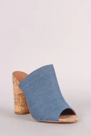 Denim Peep Toe Slip On Mule Cylindrical-Heel