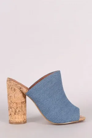 Denim Peep Toe Slip On Mule Cylindrical-Heel