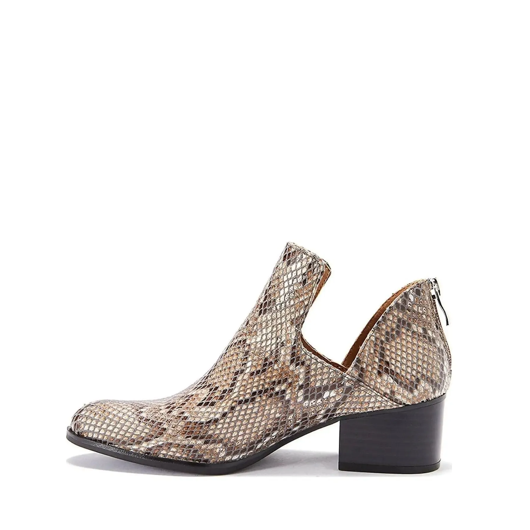 Elegant Beige Snakeskin Fredricka Booties for Women with Stylish Low Heel (Size 7.5)