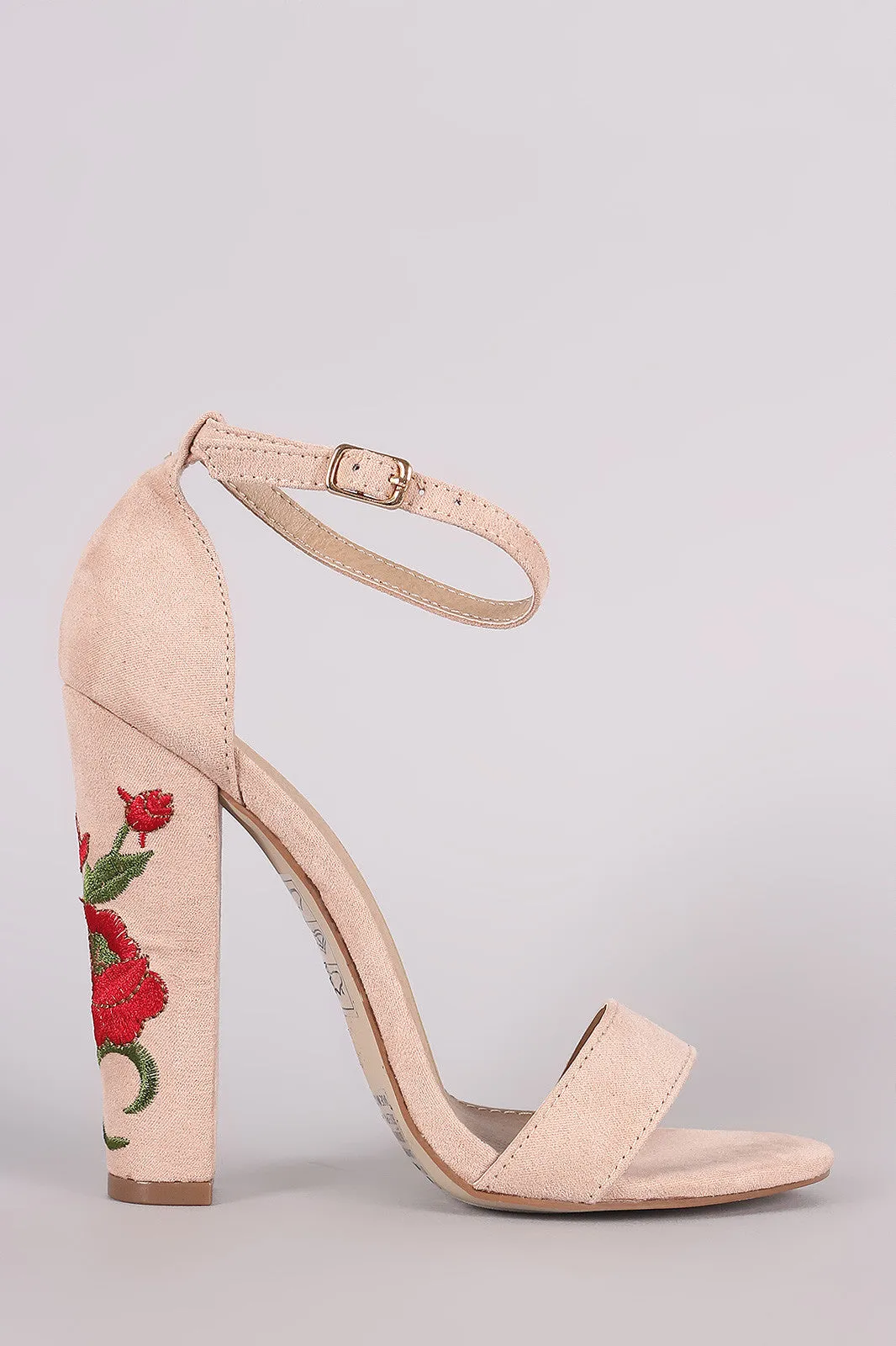 Embroidered Rosette Ankle Strap Open Toe Chunky Heel