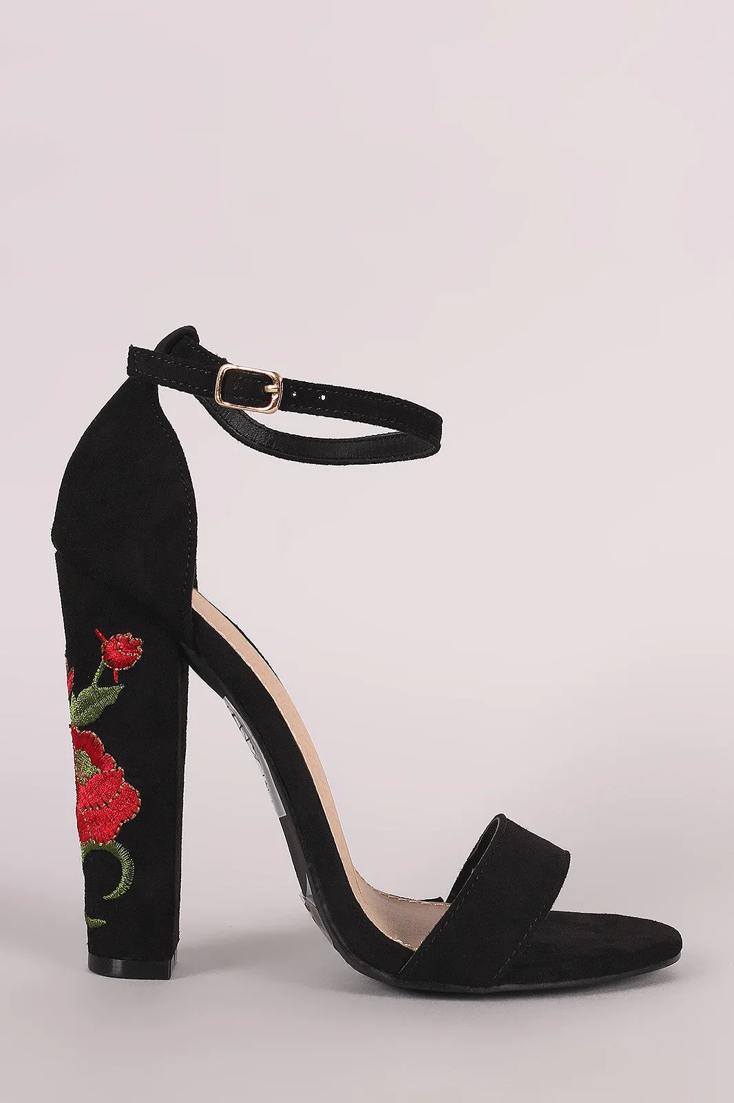 Embroidered Rosette Ankle Strap Open Toe Chunky Heel