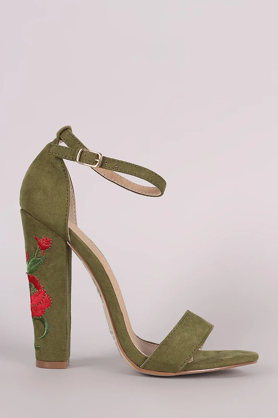 Embroidered Rosette Ankle Strap Open Toe Chunky Heel