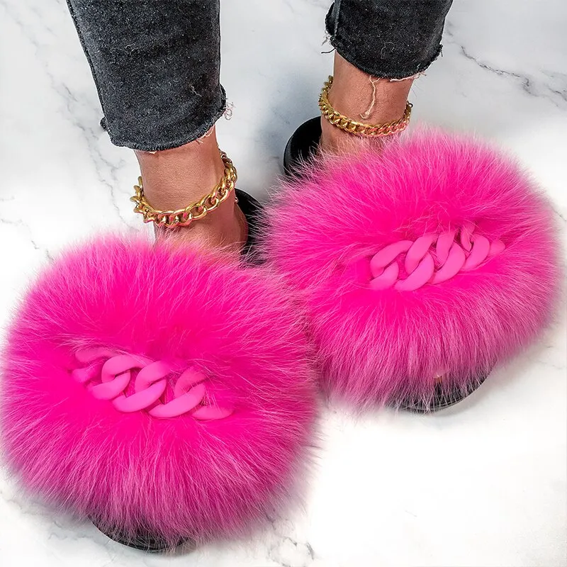 Faux Fox Fur Chain Slides