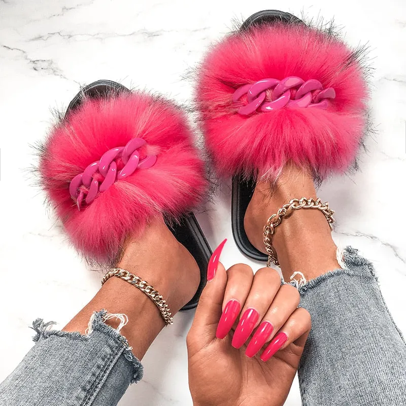 Faux Fox Fur Chain Slides