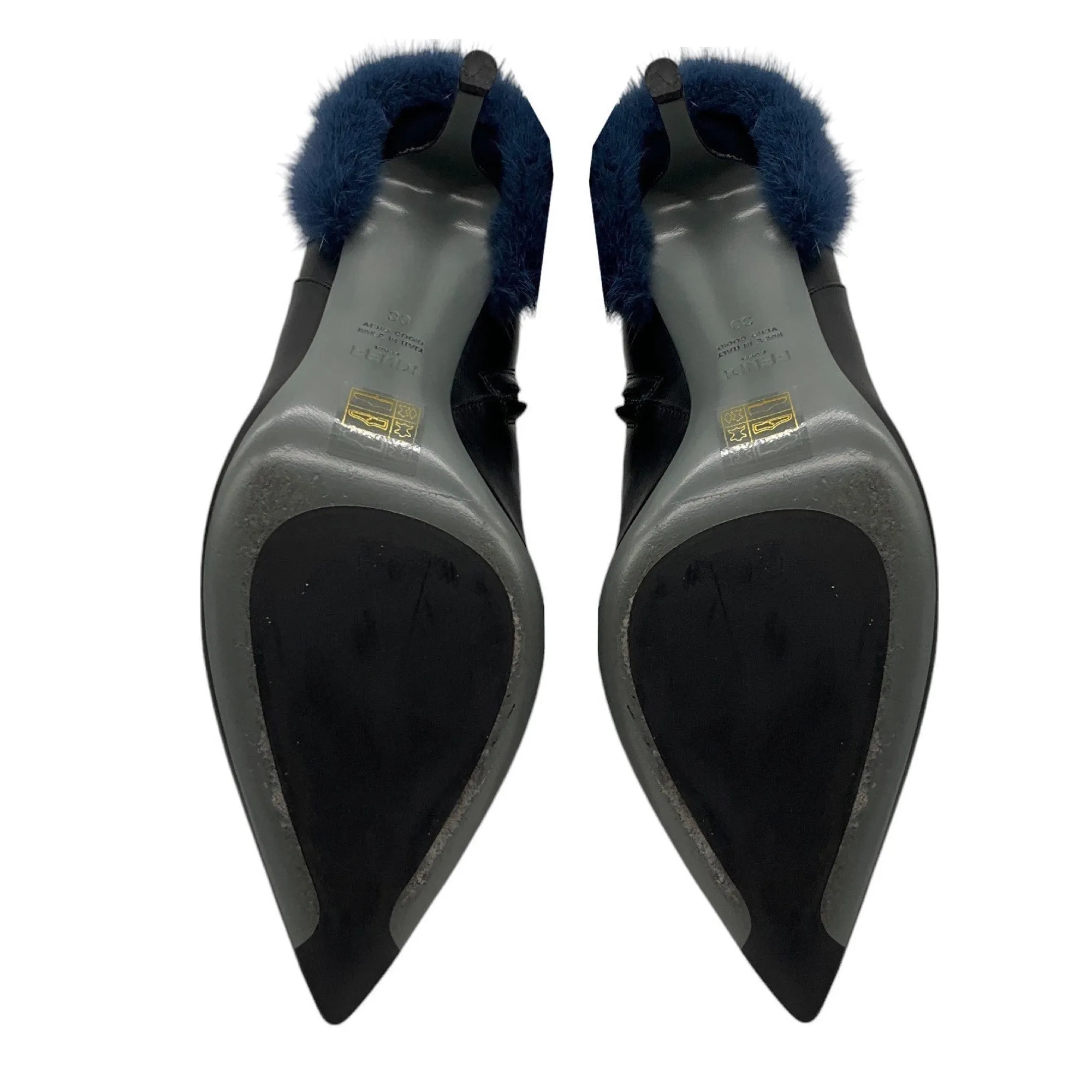 Fendi Black / Blue Fur Trimmed Heeled Leather Boots