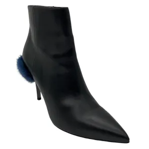 Fendi Black / Blue Fur Trimmed Heeled Leather Boots