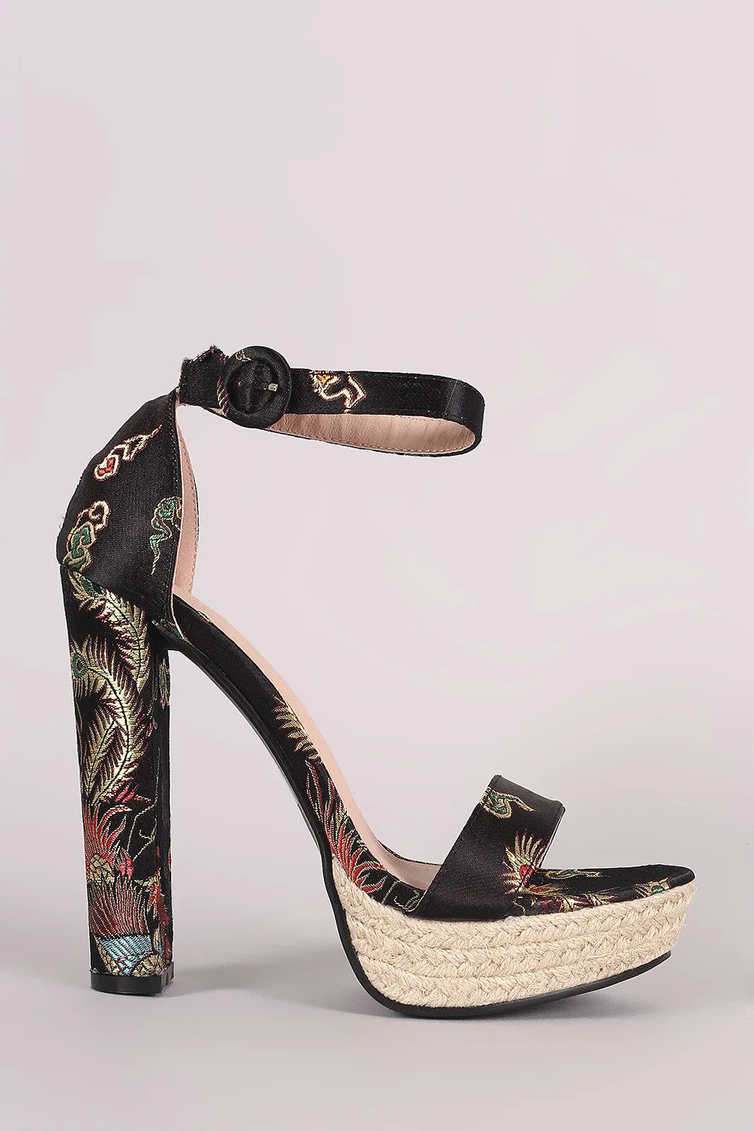 Floral Brocade Satin Ankle Strap Chunky Platform Heel