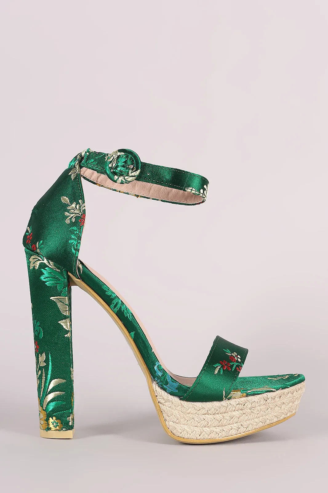 Floral Brocade Satin Ankle Strap Chunky Platform Heel