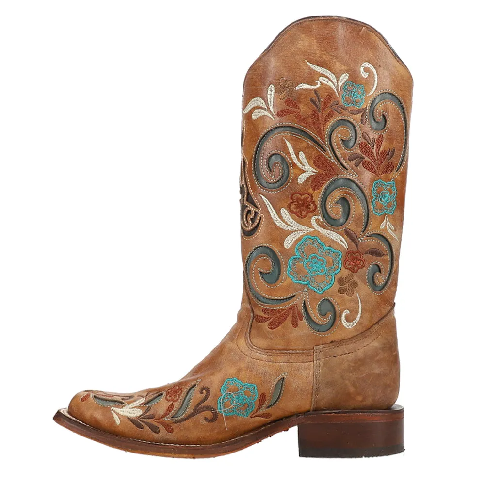 Floral Inlay Embroidery Iridescent Square Toe Cowboy Boots.