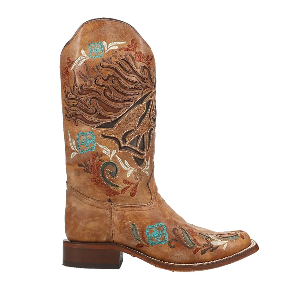 Floral Inlay Embroidery Iridescent Square Toe Cowboy Boots.